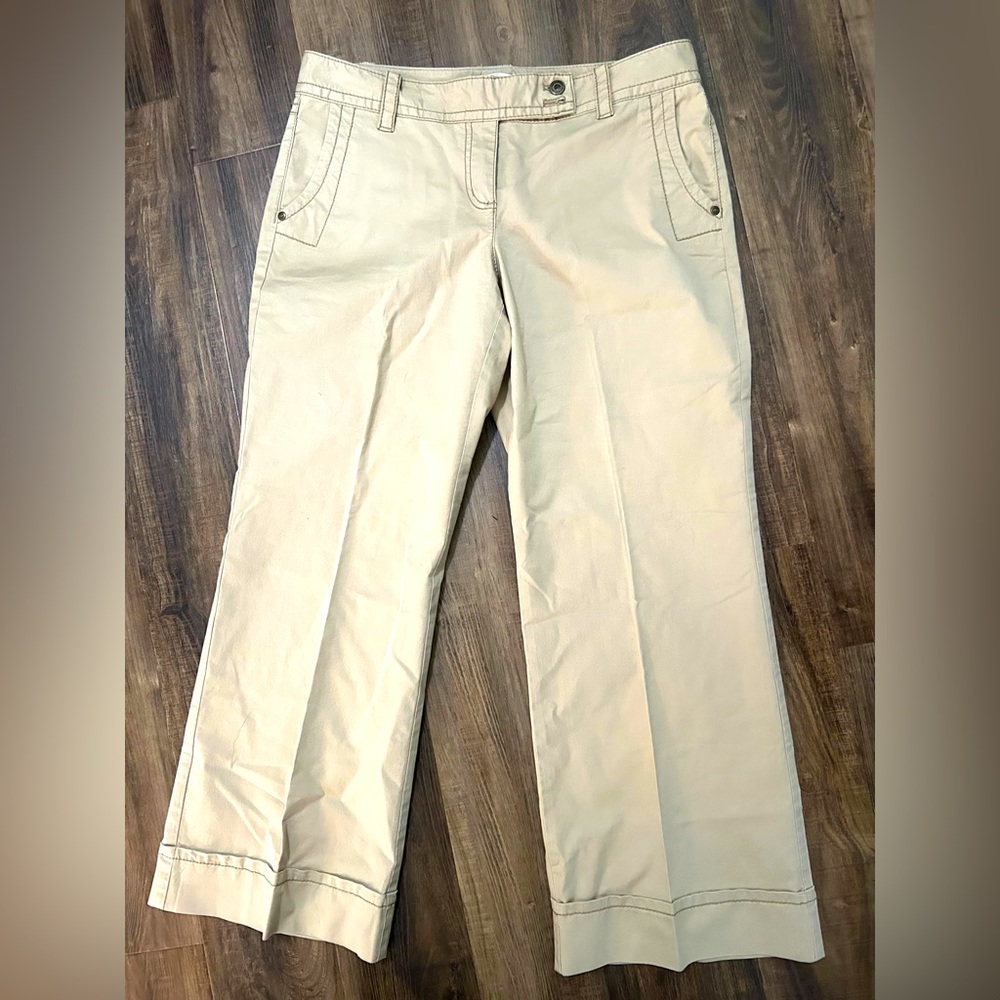 Ann Taylor LOFT Womens Pants Size 10P Tan Cotton Stretch wide leg Cuffed